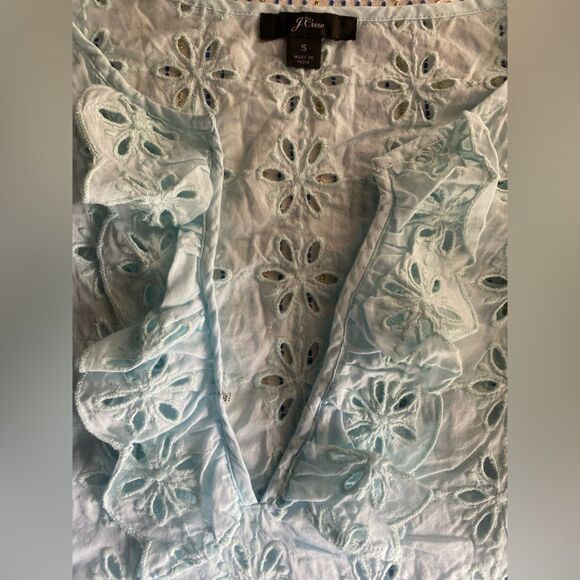 J Crew Top Eyelet Pullover Tunic Blouse Mint 3/4 Sleeve Ruffle Neck Cotton Sz S - Picture 11 of 12